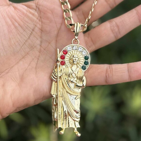 San Judas Tadeo Pendant Religious Necklace 14K GP Miami Cuban Chain 20x4mm - Picture 1 of 5